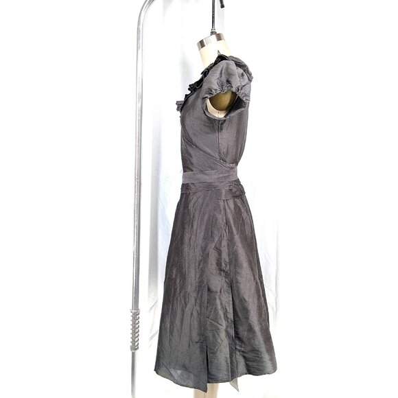 Calypso St Barth Gray Silk Wrap Dress Midi Fit & Flare Ruffle Collar Cap Sleeve - Picture 3 of 9